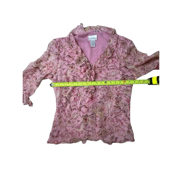 Y2K Silk Pink Floral Ruffled Blouse Size XL beaded Babydoll Fairy cottage LS - Picture 6 of 7